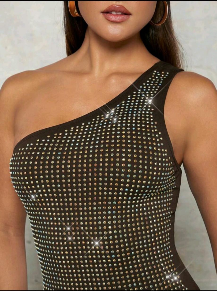 BAE Women'S One Shoulder Sleeveless Bodycon Dress With Rhinestone Decoration