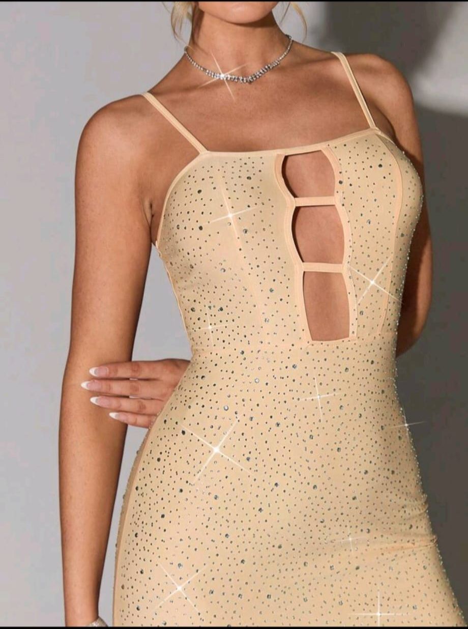 Glamine apricot Women Solid Color Hollow Out High Elasticity Rhinestone Slim Fit Camisole Dress