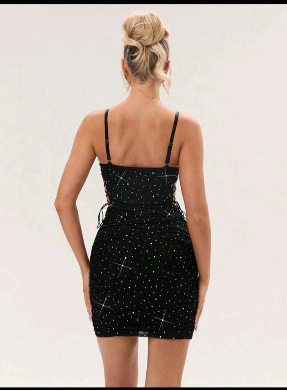 Glamine Women Sexy sparkle sequin Mesh Criss-Cross Backless Hollow Out Bodycon Mini Dress