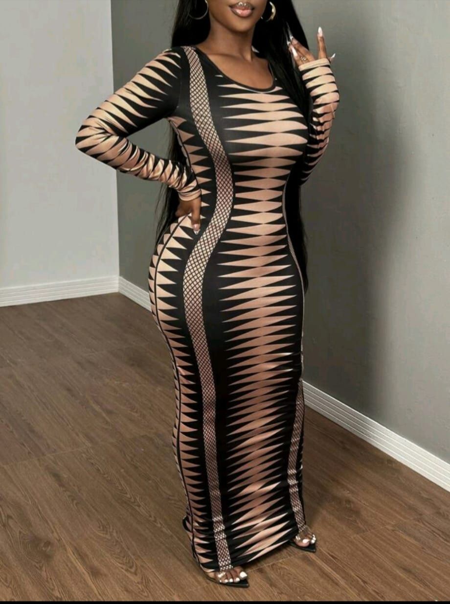 SXY Fall Ladies' Round Neck Long Sleeve Printed Bodycon Dress