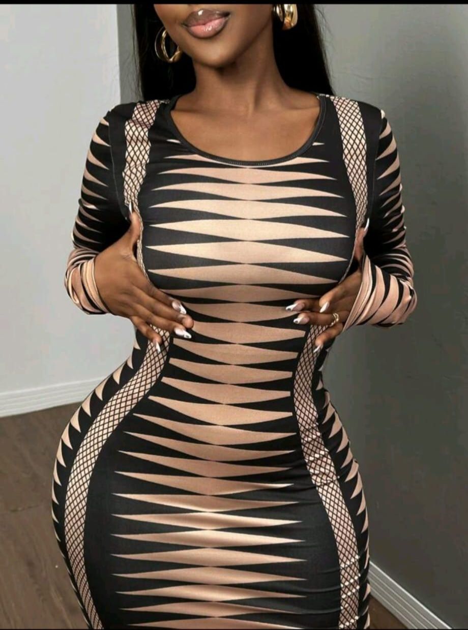 SXY Fall Ladies' Round Neck Long Sleeve Printed Bodycon Dress