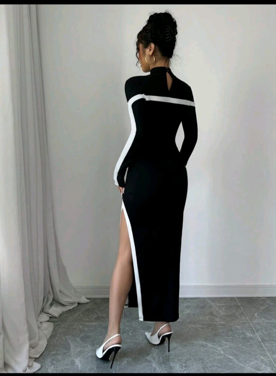Elenzga Women's Long Fitted Knit Patchwork Slit Dress Maxi Women Outfit