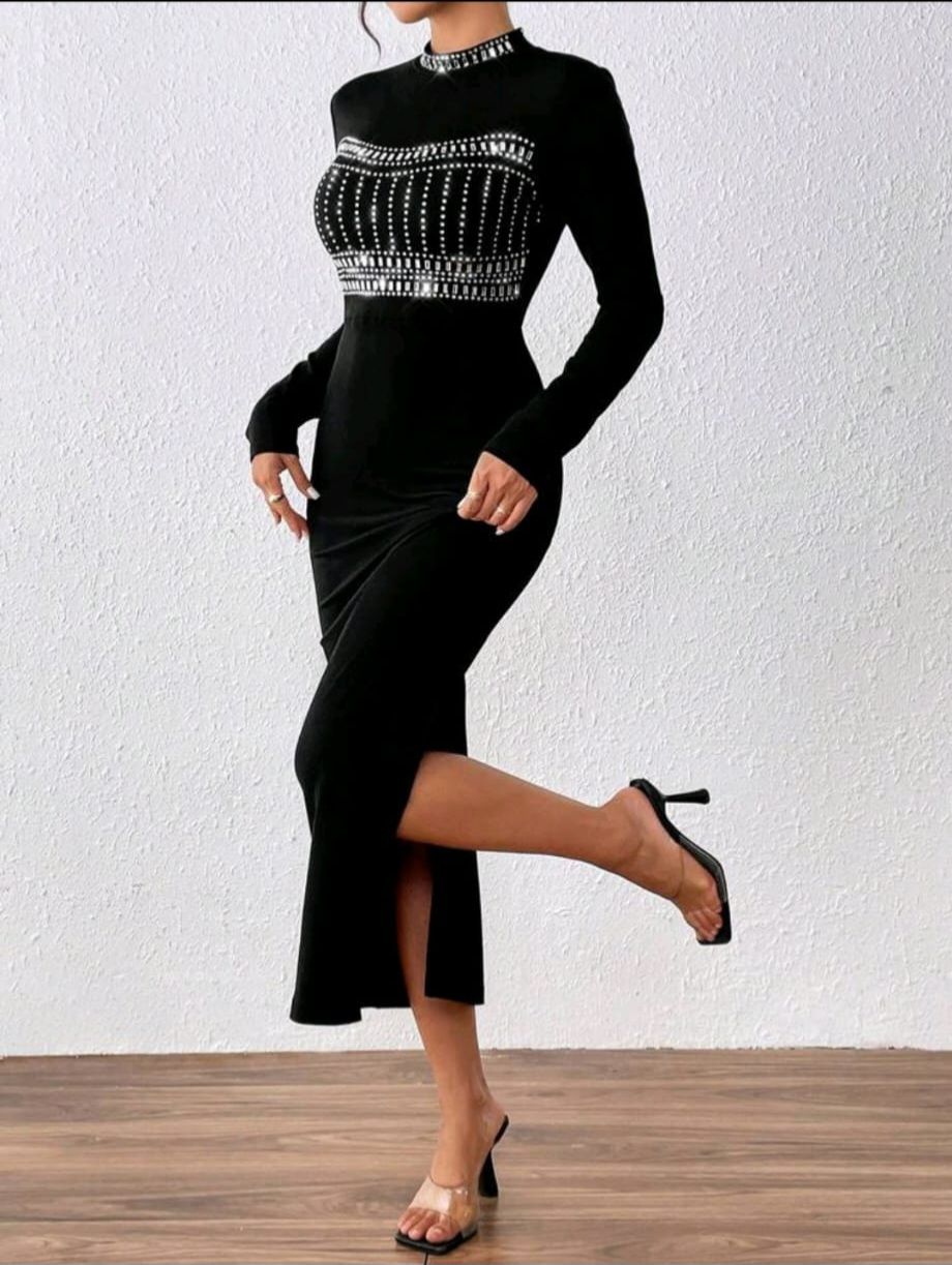 Raffinéa Rhinestone Decor Slit Design Slim Sexy Bodycon Dress For Women Maxi Women Outfit.
