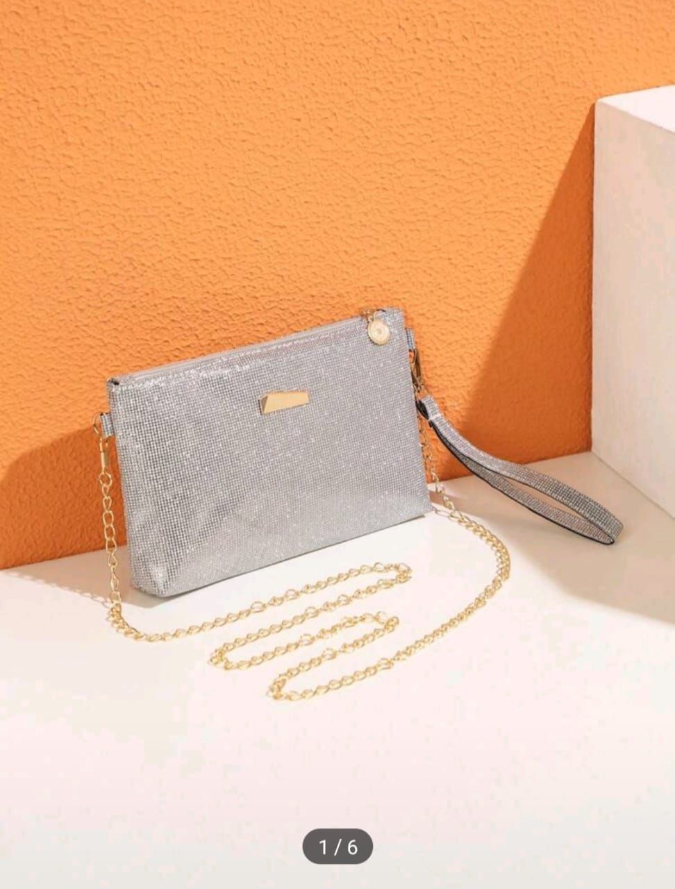 Silver glitter with gold trim. Gold shoulder chain and wrist strap Mini Brick Style Minimalist Plain