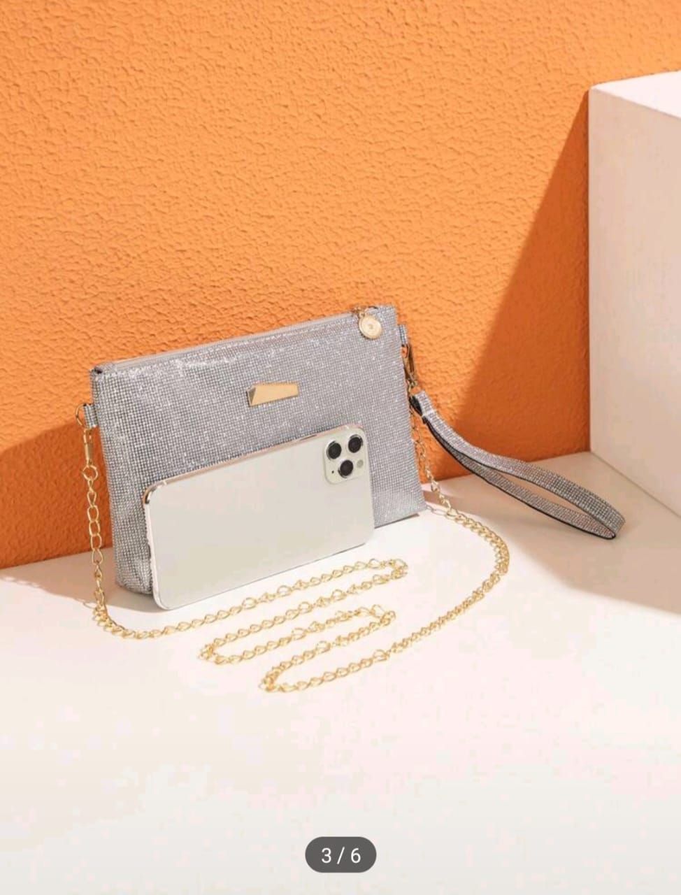 Silver glitter with gold trim. Gold shoulder chain and wrist strap Mini Brick Style Minimalist Plain