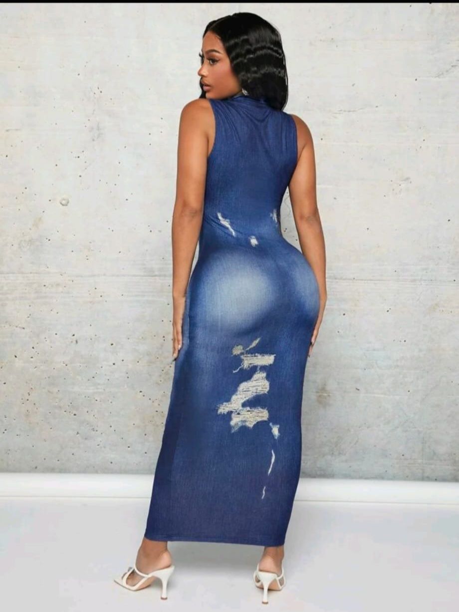 Denim Style Printed Polyester Blue Jeans Dress