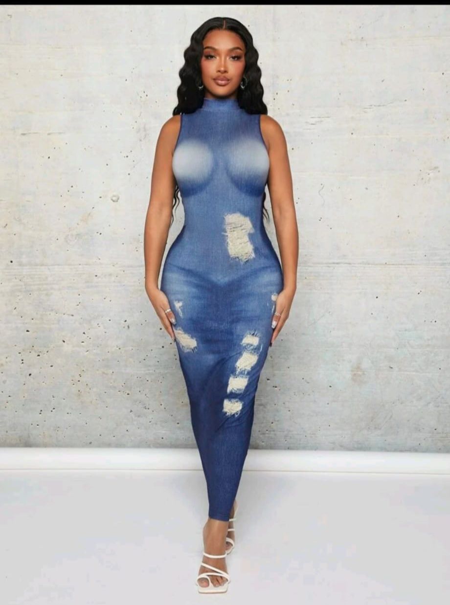Denim Style Printed Polyester Blue Jeans Dress