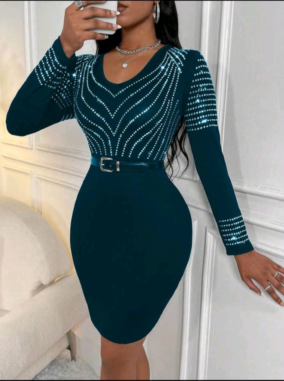 Teal Blue ,stone Decoration ,all Occasion Dress