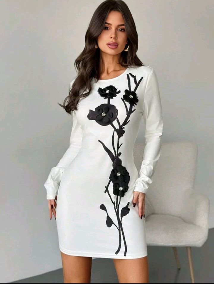  white And Black Dress With 3D Flower