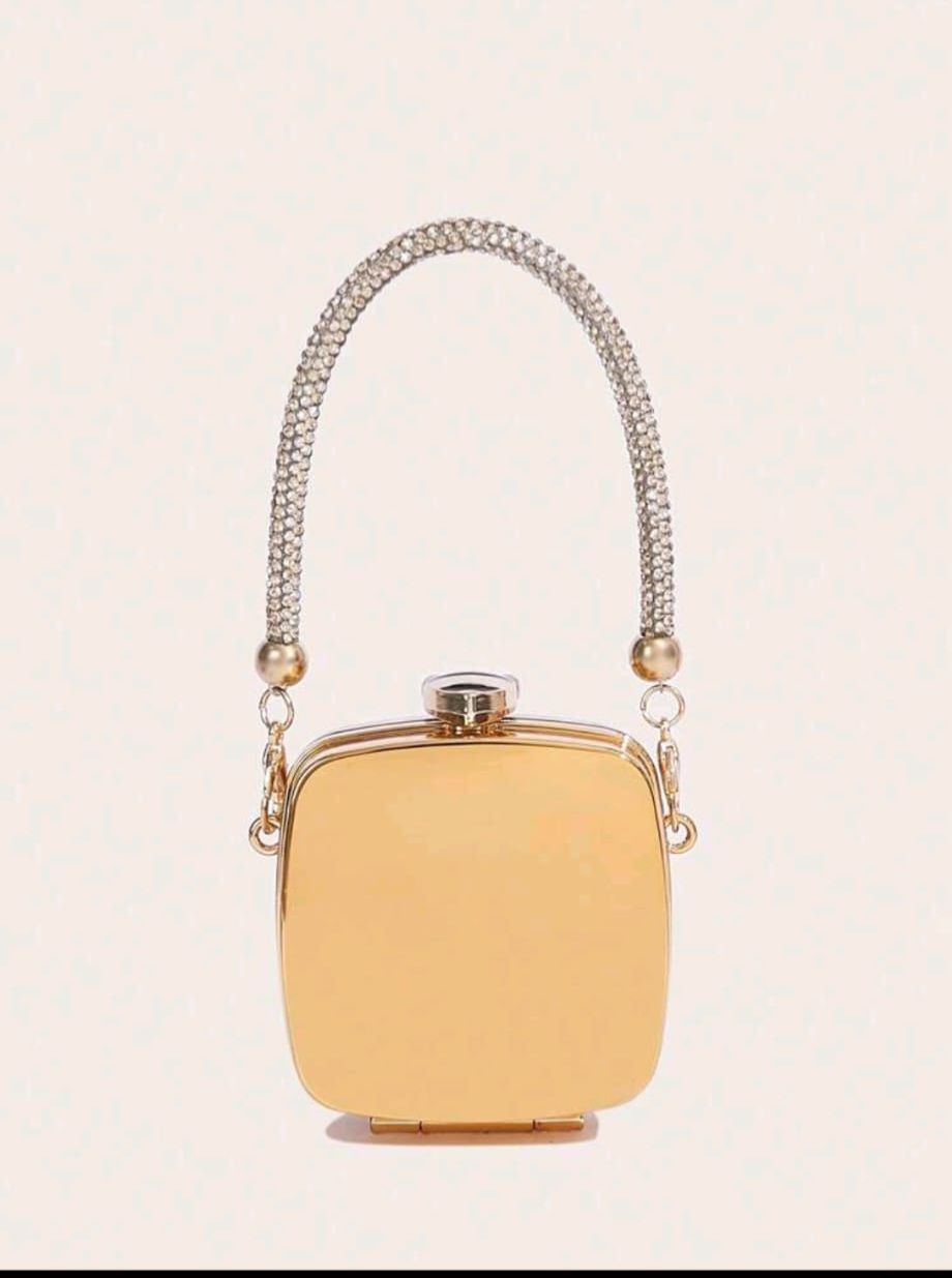 Gold Mettalic Mini Bag , With Stones And Mirrors Decoration  