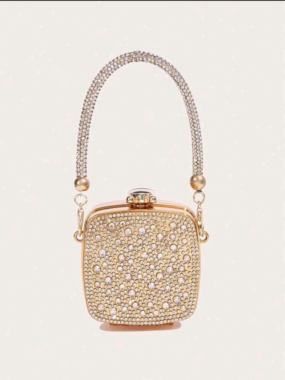 Gold Mettalic Mini Bag , With Stones And Mirrors Decoration  