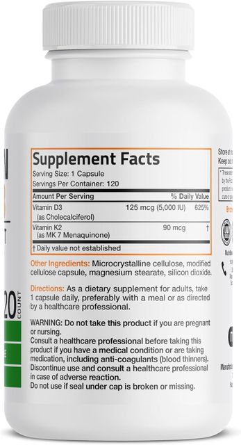 Bronson Vitamin K2 (MK7) with D3 Supplement Non-GMO Formula 5000 IU Vitamin D3 & 90 mcg K2 MK-7 Easy