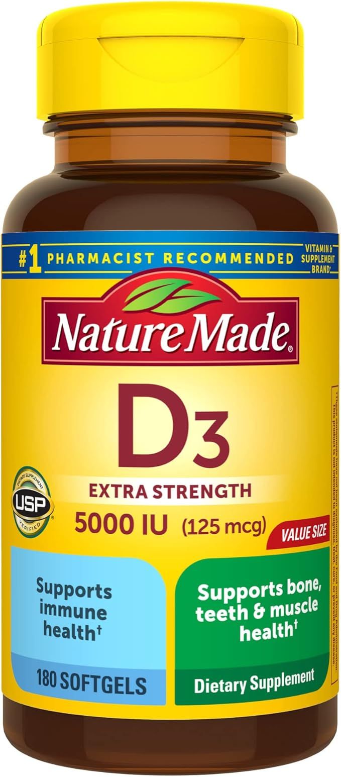 Nature Made Extra Strength Vitamin D3 5000 IU (125 mcg), Dietary Supplement for Bone, Teeth, Muscle 