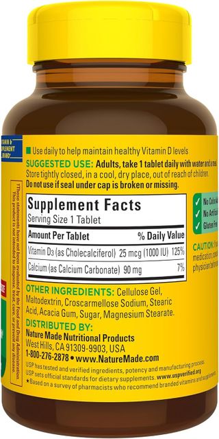 Nature Made Vitamin D3 1000 IU (25 mcg), Dietary Supplement for Bone, Teeth, Muscle & Immune Health