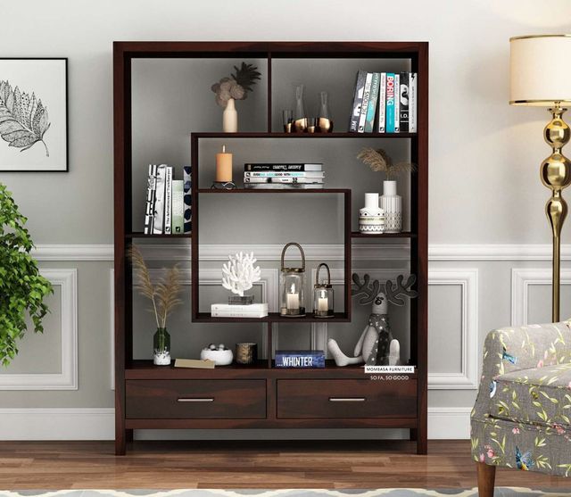 wood display Unit With Open Storage And Drawers