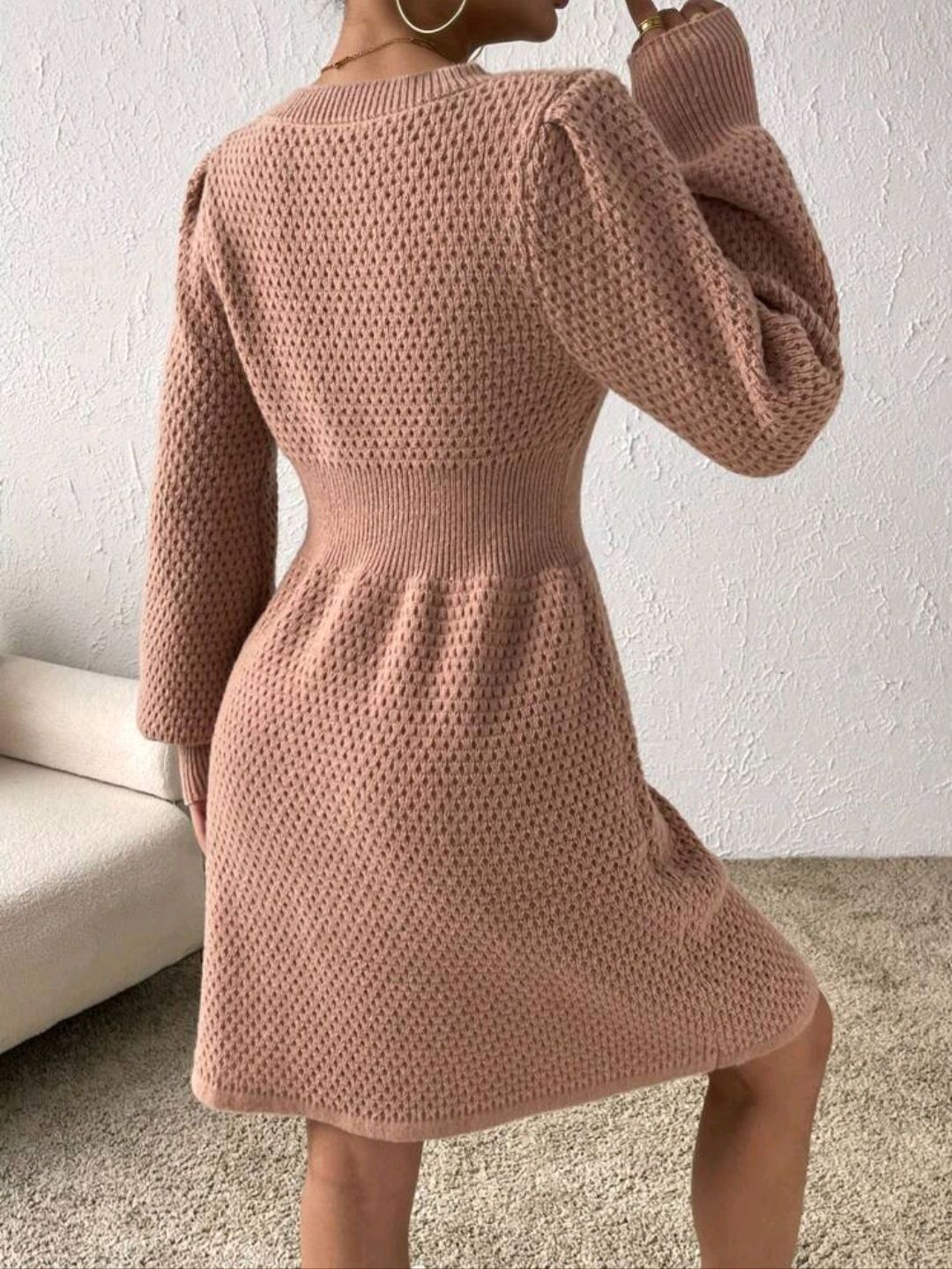 Relaxiva Lantern Sleeve Half Button Sweater Dress