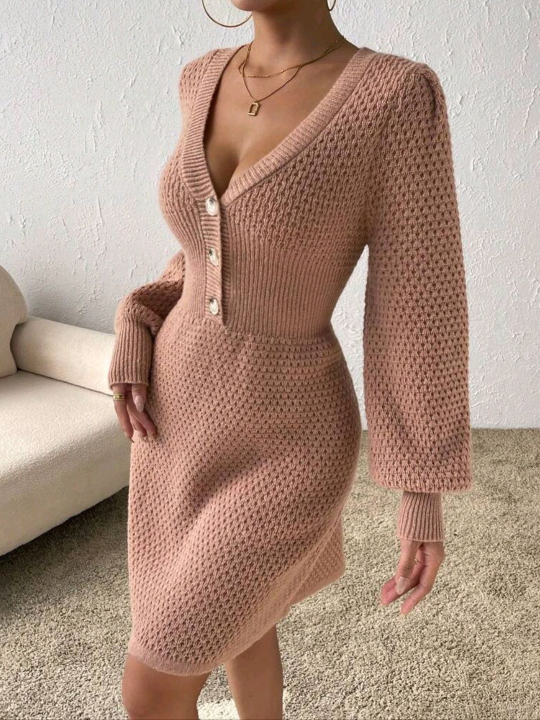 Relaxiva Lantern Sleeve Half Button Sweater Dress